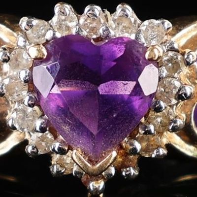 14K YELLOW GOLD AMETHYST DIAMOND HEART LADIES RING