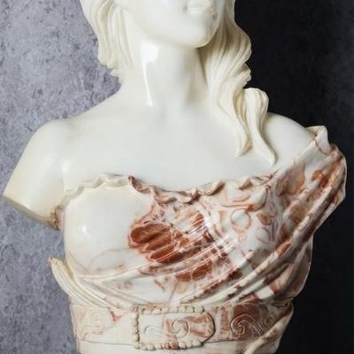 Sale Photo Thumbnail #213: ANTIQUE MARBLE BUST WOMAN W/ RED COLORED CLOAK