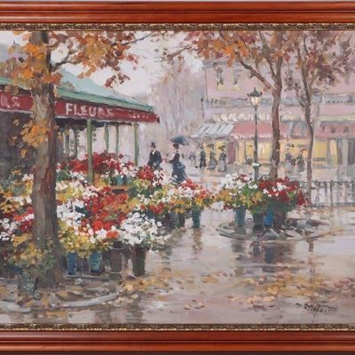 Sale Photo Thumbnail #413: VALERY SEKRET FLOWER STALL PARIS OIL PAINTING
