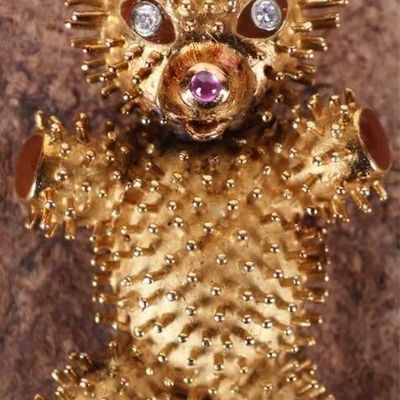 Sale Photo Thumbnail #255: 18K YELLOW GOLD TEDDY BEAR PENDANT W/ DIAS & RUBY