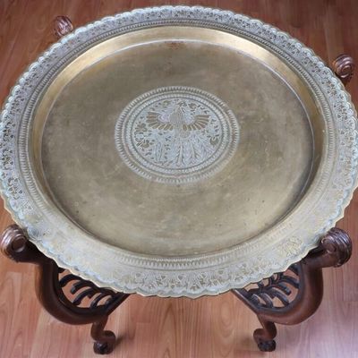 Sale Photo Thumbnail #454: VINTAGE BRASS BIRD & FLOWER CARVED TRAY TABLE