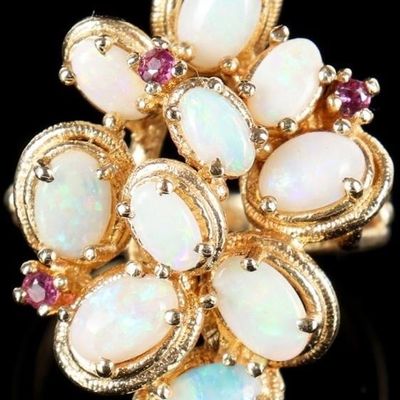 Sale Photo Thumbnail #68: 14K YELLOW GOLD PINK RUBY OPAL CLUSTER LADIES RING