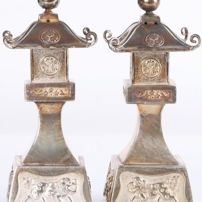 Sale Photo Thumbnail #126: ANTIQUE STERLING SILVER STONE PAGODA SHAKERS