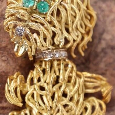 Sale Photo Thumbnail #254: 18K YELLOW GOLD SHEEPDOG PENDANT EMERALDS & DIAS