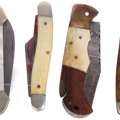 Sale Photo Thumbnail #441: ASSORTED VINTAGE DAMASCUS/ SOLID POCKET KNIVES-(4)