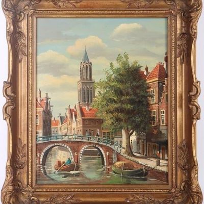 Sale Photo Thumbnail #412: OIL ON BOARD OF A CITY AMIDST A RIVER FRAMED