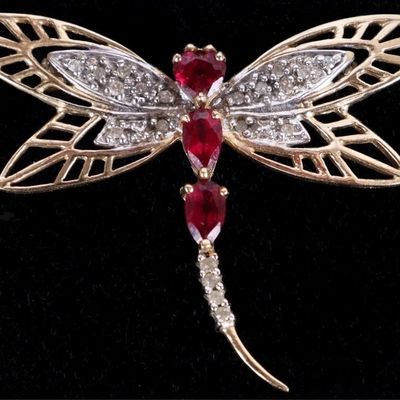 Sale Photo Thumbnail #181: 10K YELLOW GOLD PINK RUBY DIAMOND DRAGONFLY PIN
