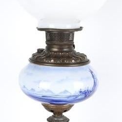 Sale Photo Thumbnail #378: ANTIQUE VICTORIAN BLUE DELFT GLASS OIL LAMP