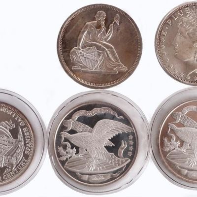 Sale Photo Thumbnail #329: ASSORTED FINE SILVER 1 OZ BULLION ROUNDS - (5)