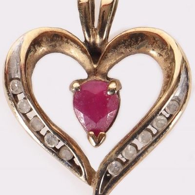 Sale Photo Thumbnail #271: 10K YELLOW GOLD HEART PENDANT W/ RUBY & DIAMONDS
