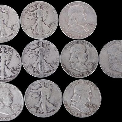 Sale Photo Thumbnail #348: ASSORTED 90% SILVER U.S. HALF DOLLARS - (10)