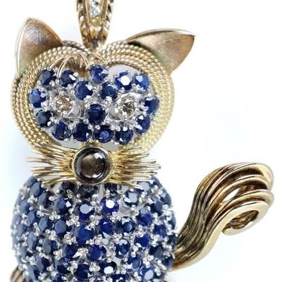 Sale Photo Thumbnail #308: STUNNING 14K SAPPHIRE & DIAMOND CAT BROOCH