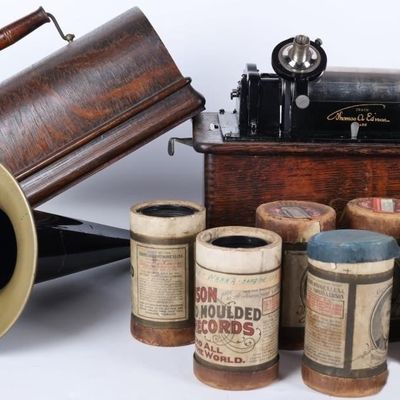 Sale Photo Thumbnail #428: ANTIQUE EDISON STANDARD PHONOGRAPH W/ 7 CYLINDERS