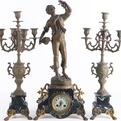 Sale Photo Thumbnail #28: MANTEL CLOCK & 2 CANDELABRAS SET MARBLE BRONZE