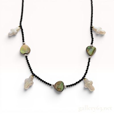 18K White Gold Abalone Heart and Baroque Pearl Cross Bead Necklace