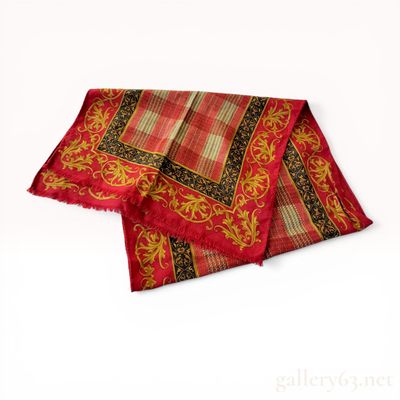 Etro Red Wool and Silk Scarf with Plaid and Acanthus Leaf Pattern