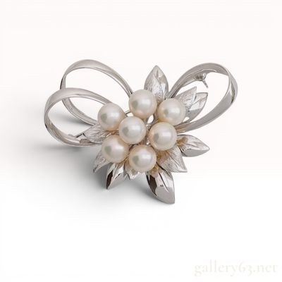 Vintage Japanese Silver and Akoya Cultured Pearl Floral Ribbon Brooch