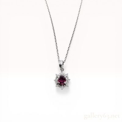 Platinum, Ruby, and Diamond Halo Pendant Necklace