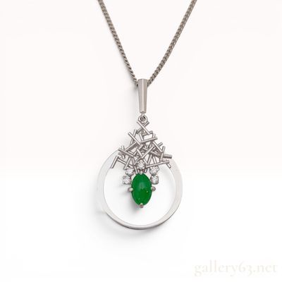 Japanese Modernist.900 Platinum Apple Green Jadeite Jade and Diamond Pendant Necklace