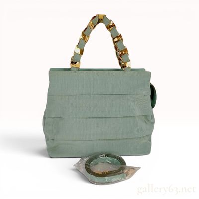 Salvatore Ferragamo Mint Green Tiered Grosgrain Ribbon Top Handle Bag