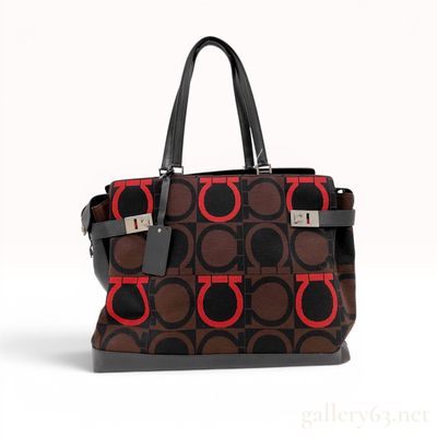 Salvatore Ferragamo Large Gancini Logo Jacquard and Leather Tote Bag