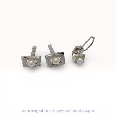 Sterling Silver Pearl Cufflinks and Tie Tack Set Estate Jewelry Lot