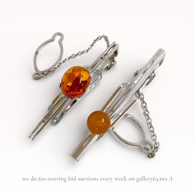 Pair of Sterling Silver Tie Pins with Cabochon Amber Stones
