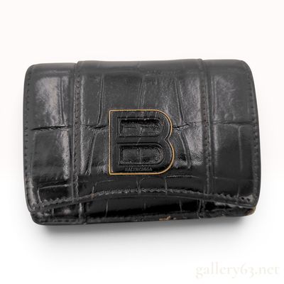 Balenciaga Hourglass Mini Trifold Wallet in Black Croc-Embossed Leather