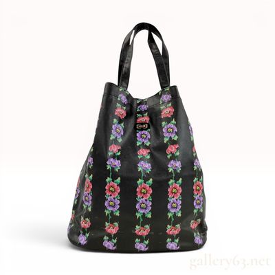 Feiler Germany Black Coated Canvas Floral Stripe Tote Bag