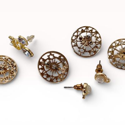 An Assortment of Gold-Tone Fashion Stud Earrings Including Market Gate Style Filigree