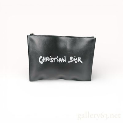 Christian Dior Daily Script Black Leather Zip Pouch