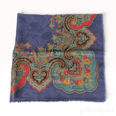 Christian Dior Navy Blue Damask and Paisley Border Square Scarf