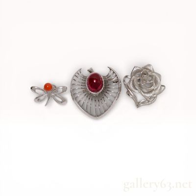 Three Silver Brooches and Pins Including Heart and Rose Motifs