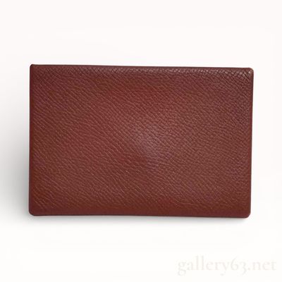 Hermes Calvi Coin Case in Brown Grained Leather with A-Engraving