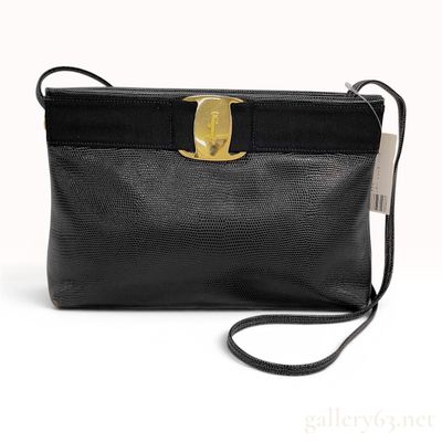 Salvatore Ferragamo Black Lizard-Embossed Leather Vara Bow Shoulder Bag