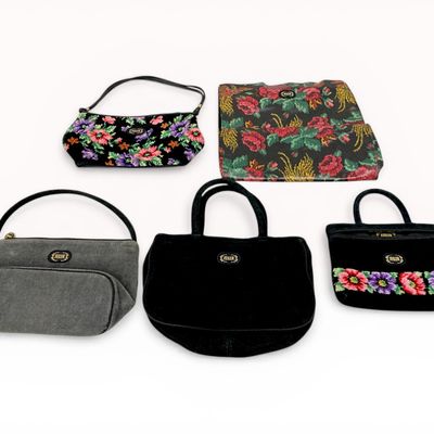 A Set of Five Feiler Chenille and Coated Textile Bags and Pouches