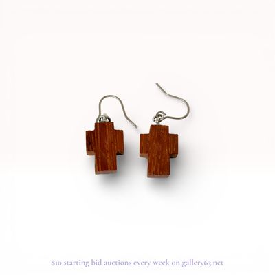 A Pair of Carved Wood Cross Dangle Earrings with Sterling Silver Accents