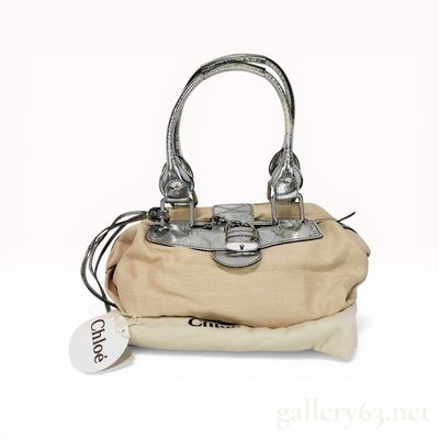 Chloe Paddington Satchel in Beige Canvas and Metallic Silver Leather