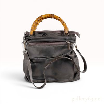 Gucci Vintage Dark Brown Nylon Bamboo Handle Multi-Zip Handbag