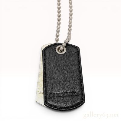 Emporio Armani Sterling Silver and Black Leather Double Dog Tag Necklace