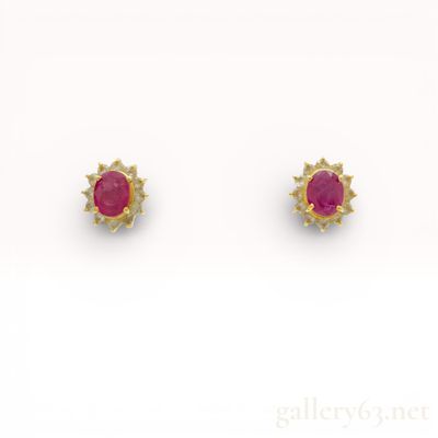 A Pair of 18K Yellow Gold Ruby and Diamond Halo Stud Earrings