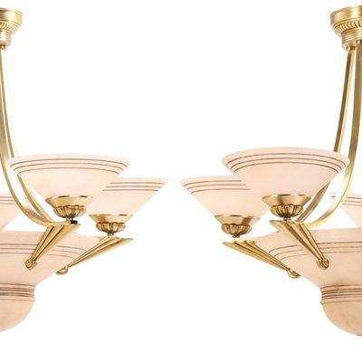 PAIR BRASS AND ALABASTER ART DECO STYLE FIVE ARM CHANDELIERS