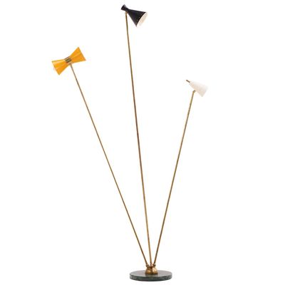 BRASS AND PAINTED IRON THREE LIGHT FLOOR LAMP HAVING A MARBLE BASE ATTRIBUTED TO STILNOVO C