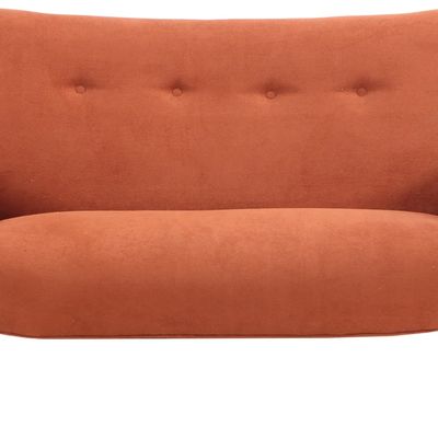 UPHOLSTERED SOFA RESTING ON WOODEN LEGS C 1950 HAVING NEW FABRIC.
