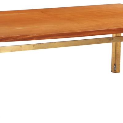 LARGE BRASS AND SAPELLE WOOD COFFEE TABLE C 1960 IN THE MANNER OF POUL KJAERHOLM.