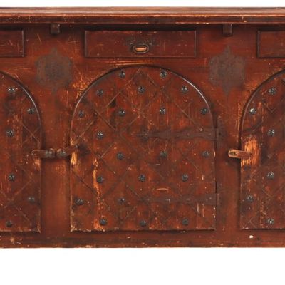 RUSTIC MODERN FRENCH SIDEBOARD HAVING ARCHED DOORS AND MUTIPLE METAL MOUNTS C 1960.