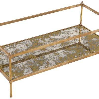 BRASS AND GLASS COFFEE TABLE HAVING AN EGLOMISE MIRRORED LOWER SHELF C 1970.
