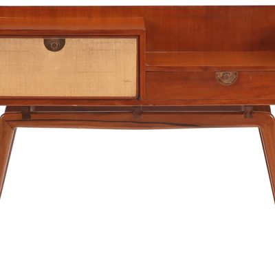 A WOOD AND GRASS CLOTH CONSOLE TABLE HAVING A FALL FRONT COMPARTMENT ALONG SIDE A SINGLE DRAWER C