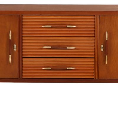 A MAHOGANY TWO DOOR DRESSER HAVING A CENTRAL BANK OF DRAWERS C 1950.