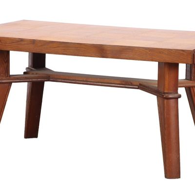 ELEGANT FRENCH OAK DINING TABLE HAVING TWO LEAVES IN THE MANNER OF CHARLES DUDOUYT C 1940.